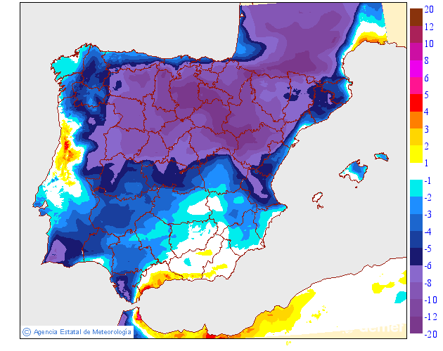 Mapa de AEMET con la variación prevista de las temperaturas máximas para el miércoles 16 de septiembre de 2026