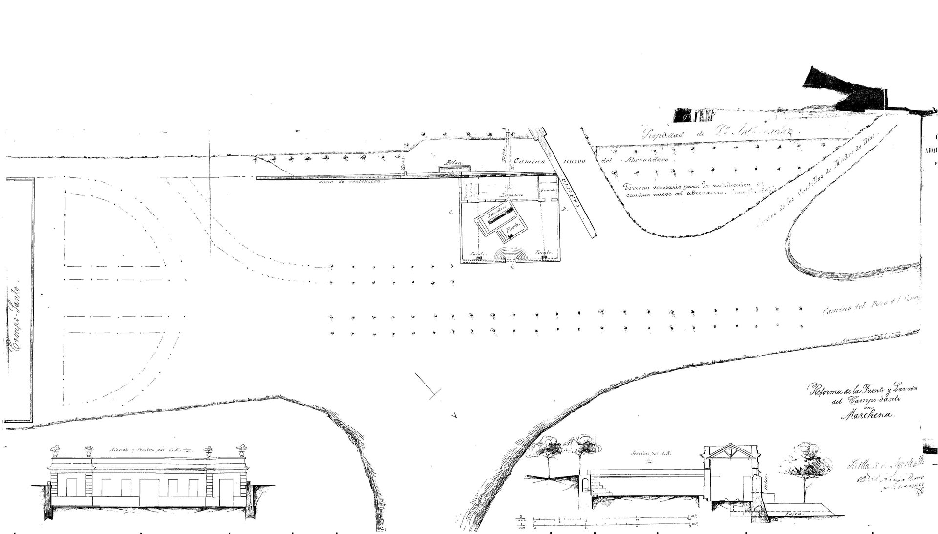 Plano histórico de 1864 de la reforma de la fuente y lavadero del Campo-Santo de Marchena. Archivo Municipal, legajo 1002.