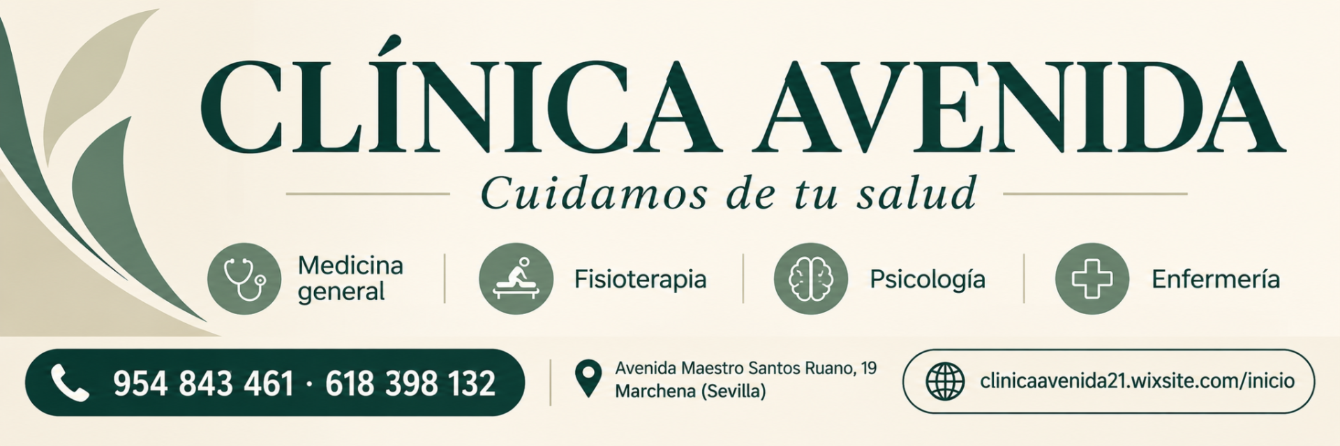 Clínica Avenida · Medicina general, fisioterapia, psicología y enfermería · 954 843 461 · 618 398 132