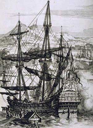Grabado histórico de un galeón español, imagen ilustrativa de los viajes atlánticos de los siglos XVI y XVII