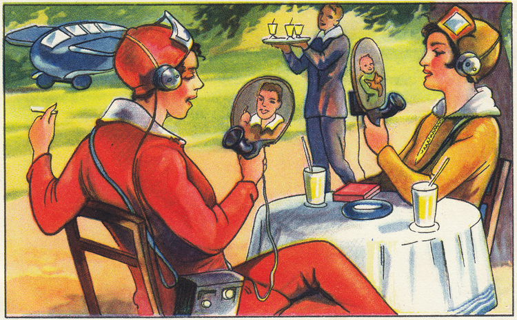 Cromo de Echte Wagner: dos mujeres conversan mediante teléfonos portátiles con pantallas, hacia 1930.